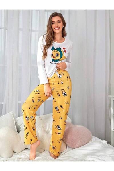 Cesur Kadın beyaz uzun kollu supremsoft penye pijama takımı sarışeker BATH