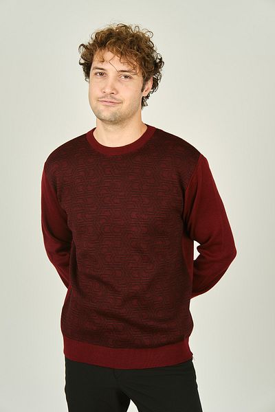 Ateş Triko Мъжки вълнен пуловер с кръгло деколте и шарки 3035, цвят D. Claret Red
