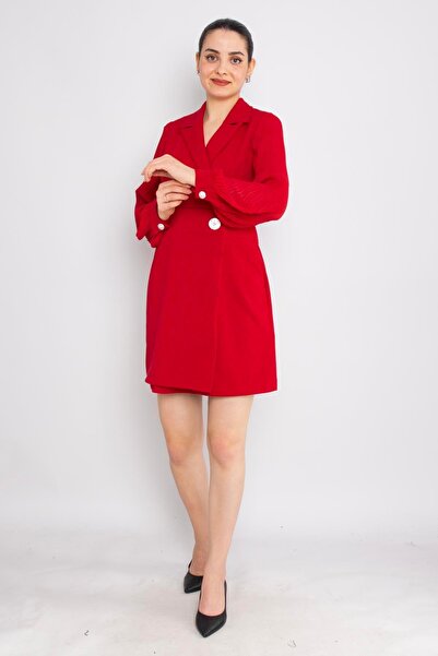 AYHAN 61891 Pilise Kol Kruvaze Yaka Broş Detay Kapaklı Kısa Krep Elbise