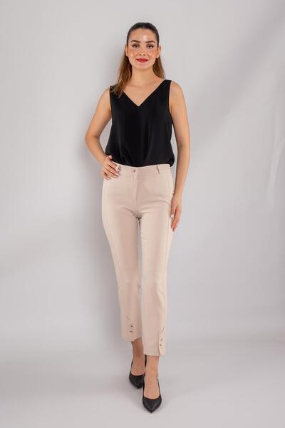 TULIN 79301 Paça Düğmeli Yandan Çımalı Krep Kumaş Kadın Pantolon