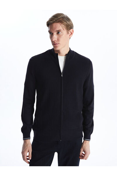 LC Waikiki Navy Blue Standard Fit Stand Collar Men's Knitwear Cardigan