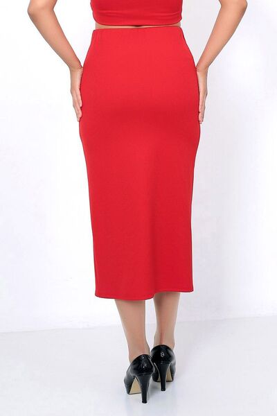 Ottawe Beli Lastikli Bacak Yırtmaçlı Fitilli Kumaş Tarz Yüksek Bel Likralı Esnek Uzun Diz Altı Kalem Etek