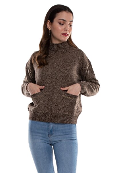 Sementa 32409 Dik Yaka Cepli Melanj Yünlü Kadın Triko Kazak