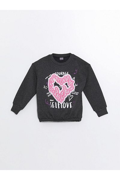 LC Waikiki Lcw Eco - Anthracite Girl's Sweatshirt, Crew Neck, Printed, Long Sleeve