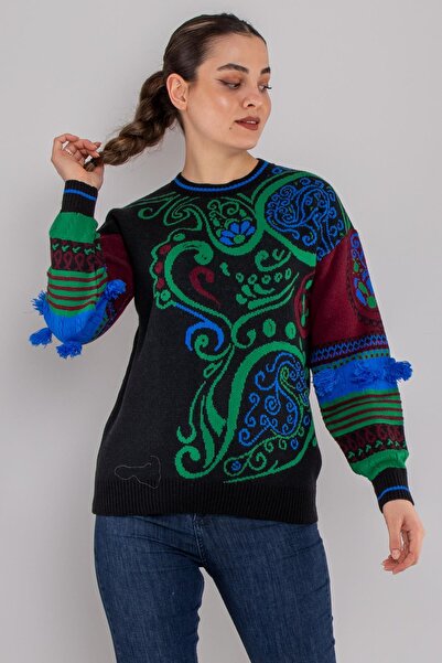 Sementa 32350 Etnik Desen Sıfır Yaka Kolları Püskül Detay Triko Kadın Kazak