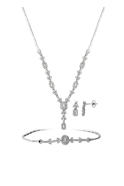 Zerince Baget Taşlı Beyaz Altın Takı Seti