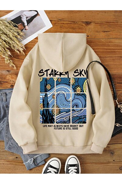 Genel Markalar yıldızlı gece starry sky van gogh arka baskılı ekru oversize kapşonlu sweatshirt hoodie