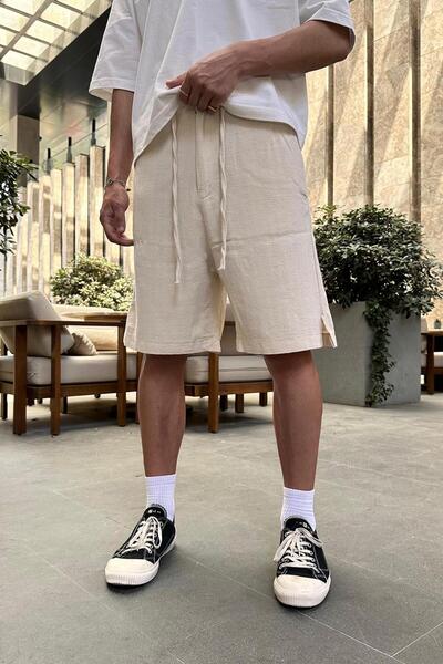 HAFKAGİYİM Cream Patterned Textured 12 Linen Go Relaxed Fit Shorts