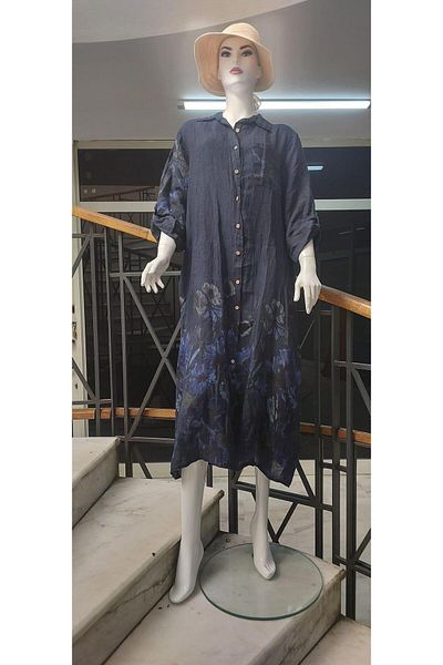 Bohem Stil Bohomian Italian Long Digital Floral Printed Linen Shirt Dress & Cap