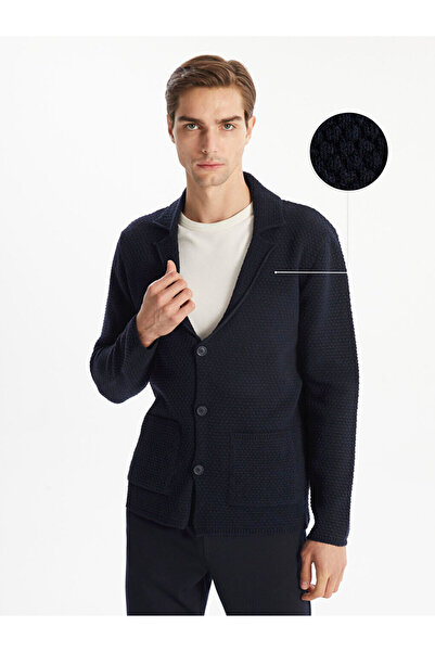 LC Waikiki Navy Blue Standard Fit Jacket Collar Men's Knitwear Cardigan
