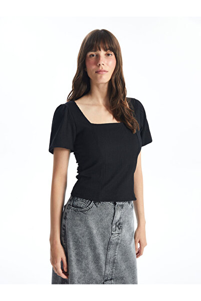 LC Waikiki Black square neck plain short sleeve crop women's blouse from plus...