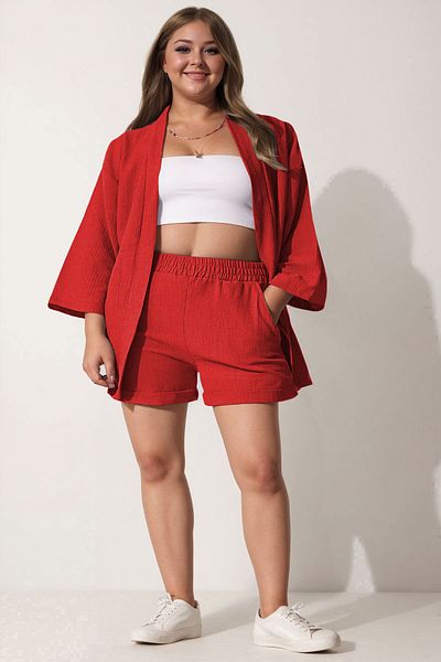 SUHIS Large Size Red Kimono Shorts Knitted Set