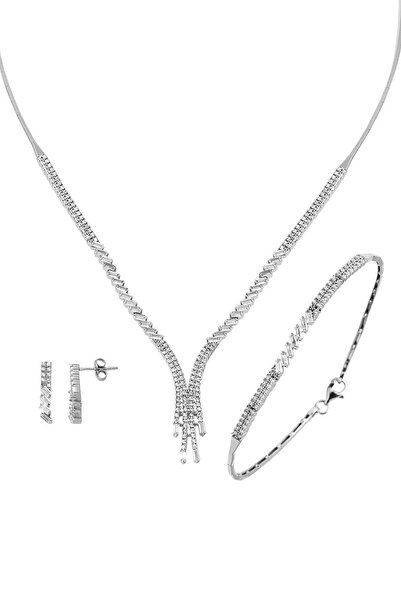 Bilezikci Baget Taşlı 14 Ayar Beyaz Altın Suyolu Set