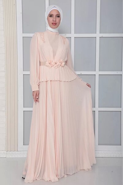 lodmela Omuz Ve Kemer Detaylı Pliseli Tesettür Abiye Elbise 816-Pudra