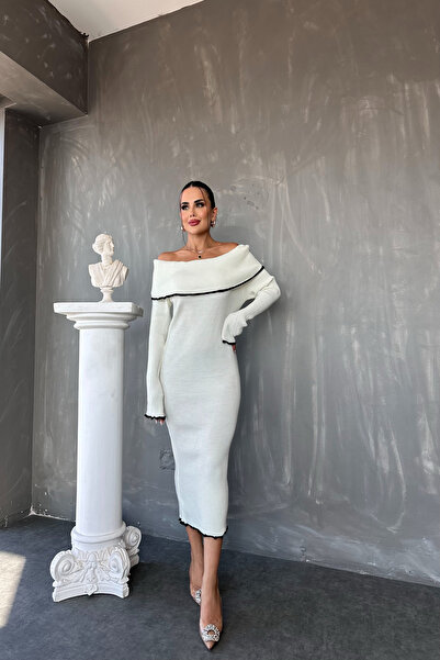 kamacibutik Πλεκτό φόρεμα Madonna Collar με ραβδώσεις