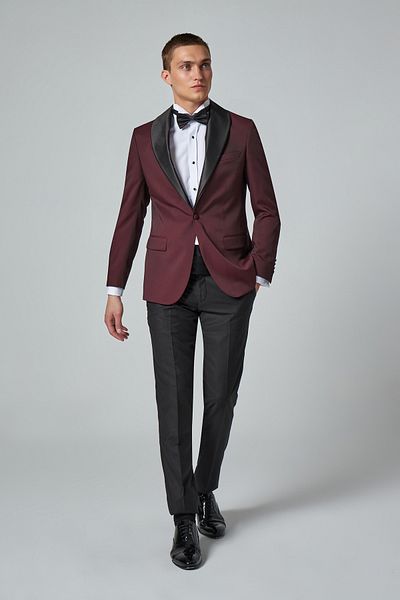 D'S Damat Slim Fit Burgundy Patterned Groom Suit & Tuxedo Suit