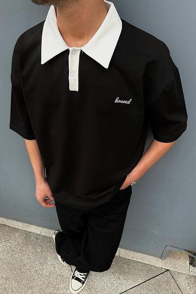 HAFKAGİYİM ΜΑΥΡΟ Δεμένο γιακά Polo OUTPLENTY PREMIUM Oversize T-Shirt