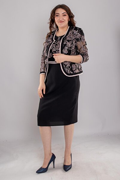 Güzelyalı M-1008 Büyük Beden Nakışlı Tül Detay Kısa Elbise Ceket Takım