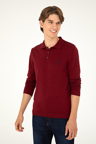 U.S. Polo Assn. Pulover pentru bărbați slim fit cu guler polo roșu claret bas...