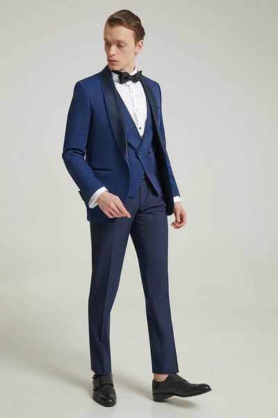Twn Costum de mire și smoking cu vestă cu model jacquard albastru Saks Super Slim Fit