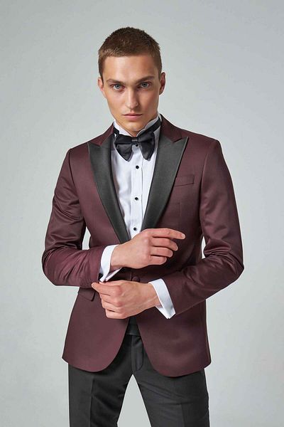 D'S Damat Slim Fit Burgundy Dobby Groom Suit & Tuxedo Suit
