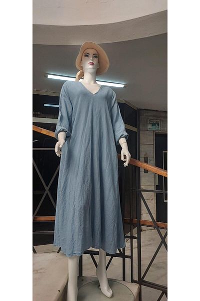 Bohem Stil Rochie italiană de in cu mânecă lungă cu decolteu în V