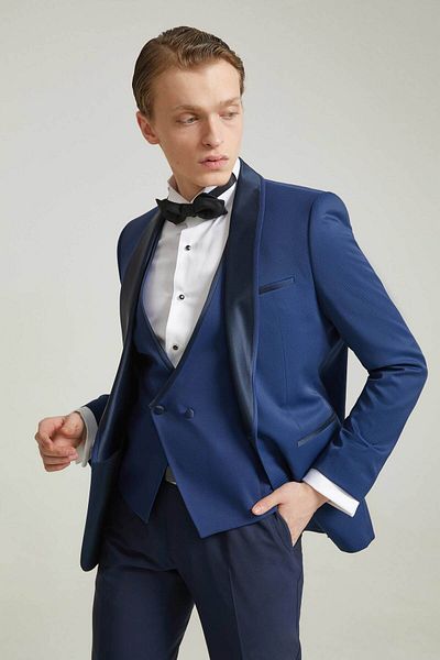 Twn Costum de mire și smoking cu vestă cu model jacquard albastru Saks Super Slim Fit