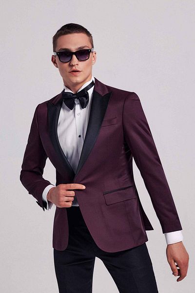 D'S Damat Slim Fit Burgundy Dobby Groom Suit & Tuxedo Suit