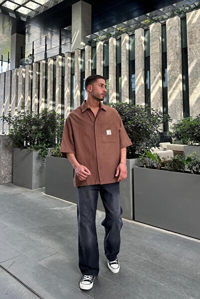 HAFKAGİYİM Καφέ λινό πουκάμισο με κέντημα στην μπροστινή τσέπη S8 BS Oversize πουκάμισο