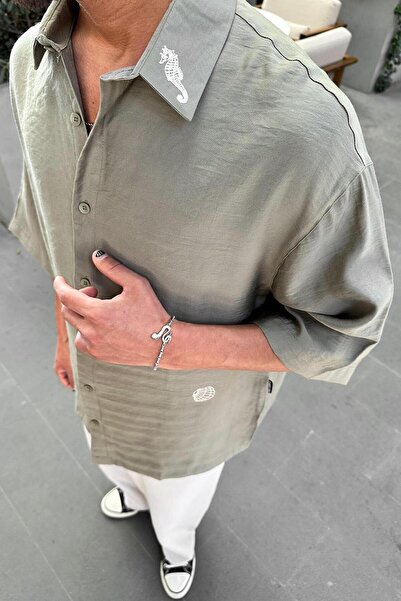 HAFKAGİYİM Khaki Sea Horse Embroidery Detail Bs Oversize Shirt