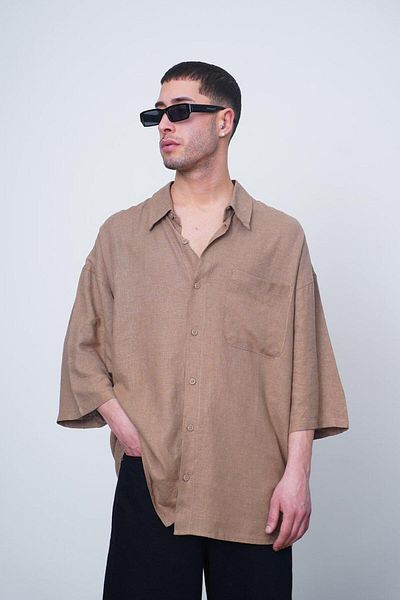 HAFKAGİYİM Καφέ Basic μισό μανίκι 1B CH Oversize πουκάμισο
