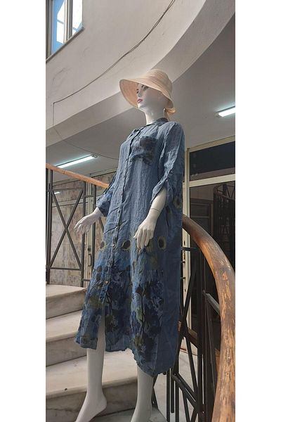 Bohem Stil Bohomian Italian Long Digital Floral εμπριμέ λινό πουκάμισο Φόρεμα & Καπάκι