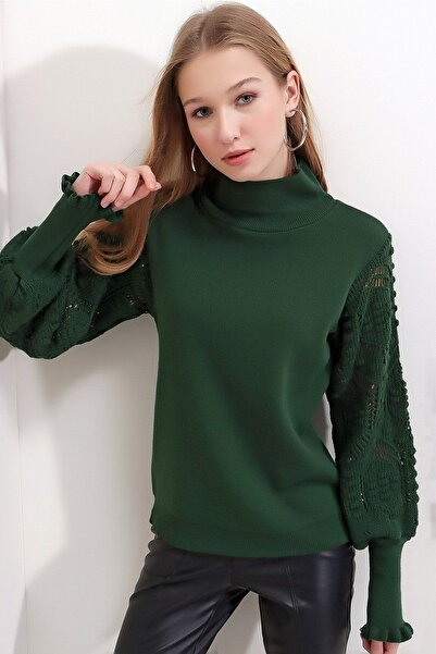 Ottawe Yarım Boyunlu Dik Yakalı Uzun Ajur Dantel Örgülü Balon Kollu Regular F...