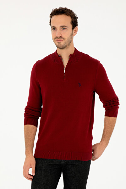 U.S. Polo Assn. Erkek Slim Fit Yarım Fermuarlı Bordo Basic Kazak 50293517-VR014