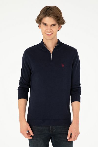 U.S. Polo Assn. Тъмносин базов мъжки пуловер Slim Fit с половин цип 50293517 -Vr033