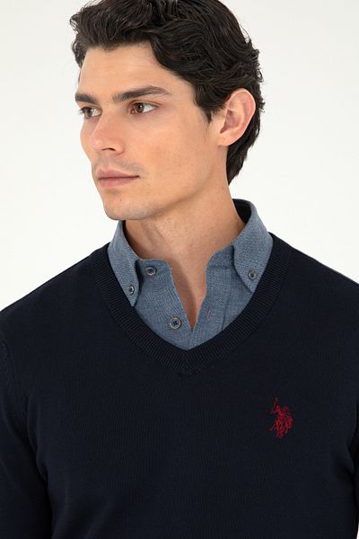 U.S. Polo Assn. Мъжки тънък пуловер с V-образно деколте, тъмносин базов пуловер 50293512 -Vr033