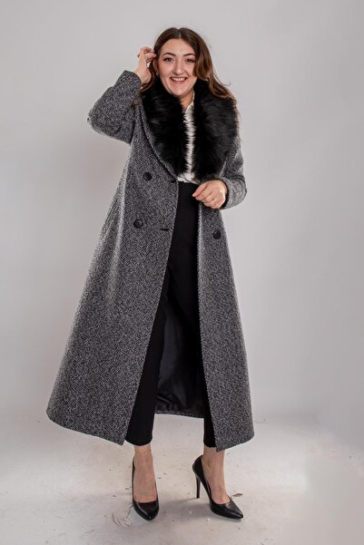 Olcay 3937 Büyük Beden Oscar Kırçıllı Kruvaze Yaka Kürklü Uzun Kaşe Pardesü