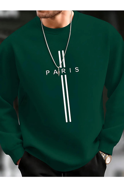 BEETON Hanorac gros de iarnă Paris Stripe - Nefti Green Printed Oversize Crew...