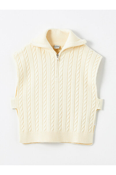 LC Waikiki Lcw Kids Light Beige Stand Collar Self Patterned Girl's Knitwear Sweater