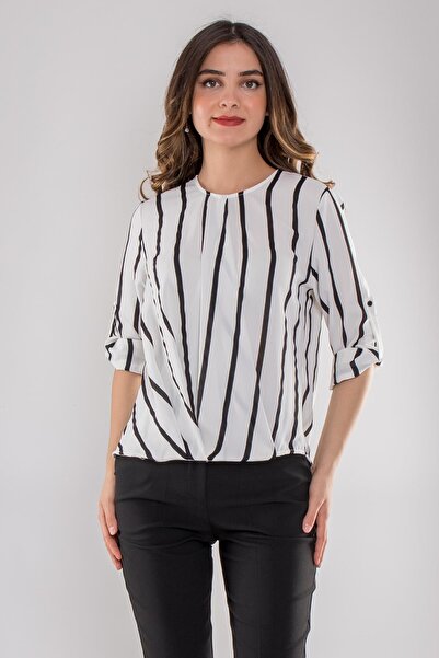 AYHAN 81796 Eteği Asimetrik Çizgili Dikişli Viscon Bluz