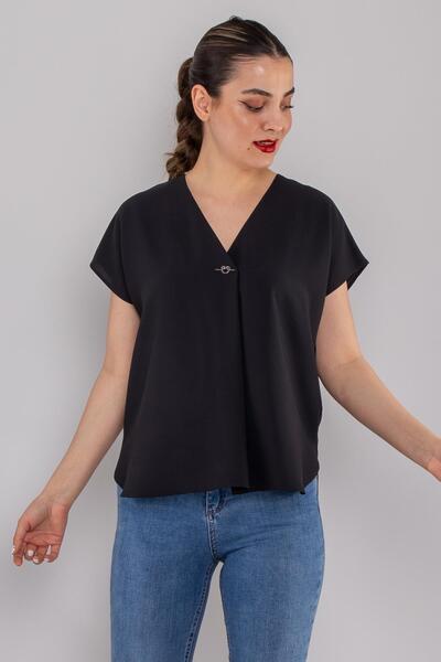 AYHAN 81905 Plus Size Vyaka Brooch Detail Short Sleeve Crepe Chiffon Blouse