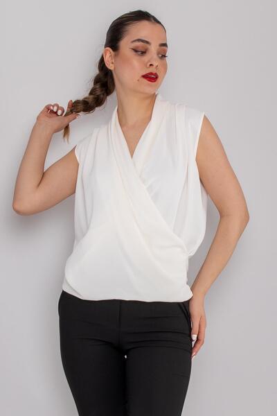 AYHAN 81856 Double Breasted Collar Flowing Sleeveless Chiffon Blouse