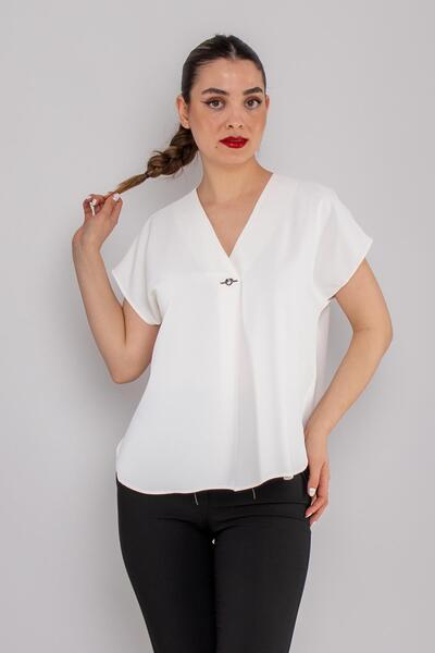AYHAN 81905 Plus Size Vyaka Brooch Detail Short Sleeve Crepe Chiffon Blouse