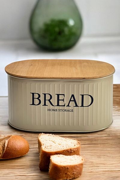 hemlife Metal Bread Bowl with Wooden Lid, Bread Box Brown