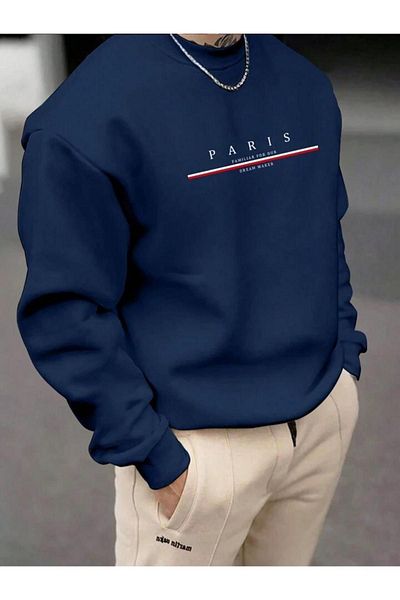 CAST COLLECTİON Pánská námořnická modrá mikina Paris s potiskem Crew Neck