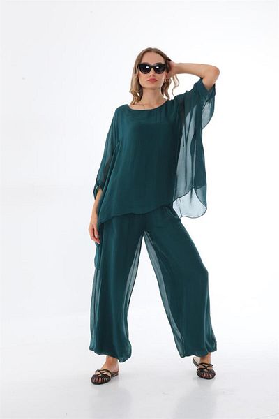 Bohem Stil Set bluză și pantaloni din mătase cu mâneci liliac căptușite italian