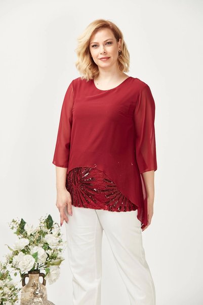 Moda Berray 4047 Bordo Şifon -payet Dantel Kombinli Büyük Beden Bluz