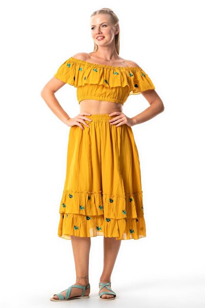 Eliş Şile Bezi Lavinya Vual Lastik Detaylı Nakışlı Yazlık Crop Bluz Hardal Hrd