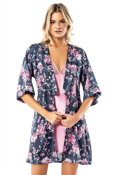 Loriva Patterned Pink Satin Morning Gown Nightgown Set