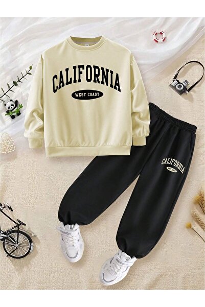 LePold Beige Crew Neck -3 Thread Black California West Printed Girl/Boy Tracksuit Set